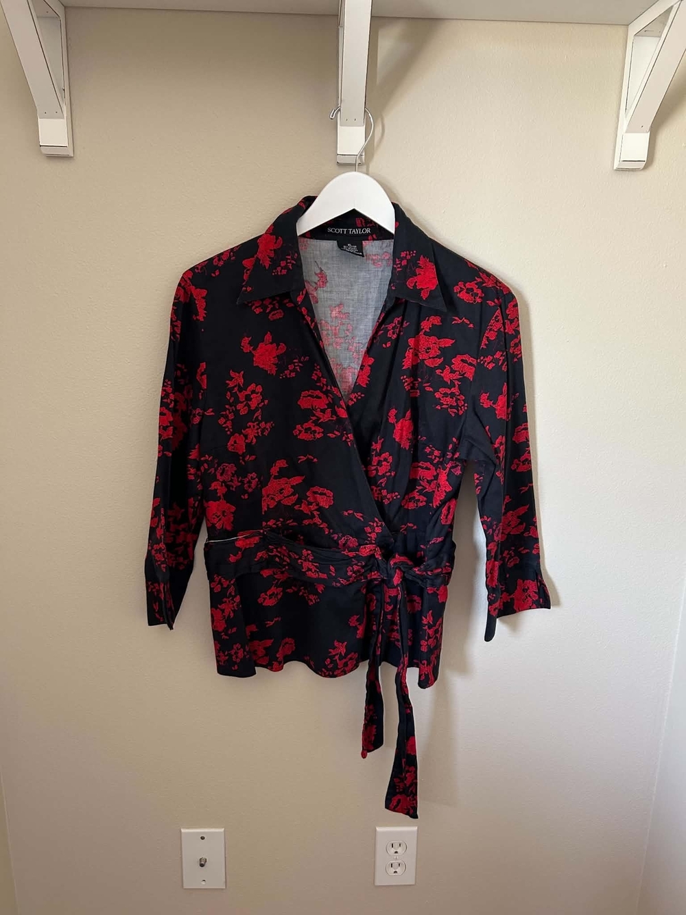 Scott Taylor Black Wrap Blouse with Red Floral Print